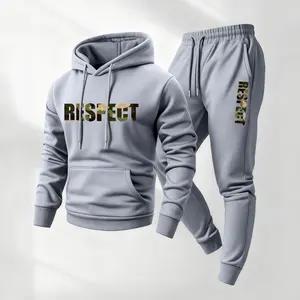 Men's 2-Piece Respect Print Hoodie & Drawstring Sweatpants Set, Casual Athletic Long-Sleeve Hooded Jacket & Trousers for Fall-Winter Daily Wear, Indoor-Outdoor Athleisure Menswear Sportswear