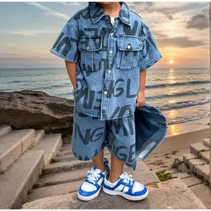 Boys' Summer Denim Shorts Set with Short Sleeve Top Two-Piece Outfit for Youngsters and Youngsters, Perfect for Outdoor