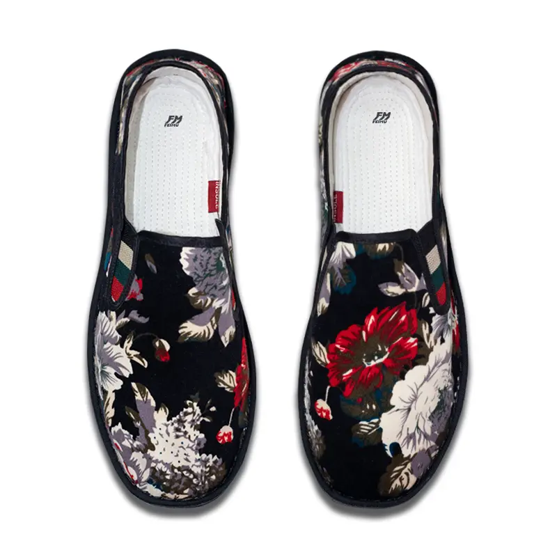 Old Beijing Cloth Shoes Man Embroidery Pure Handmade Thousand-Layer Bottom Anti-odor Sweat Absorbent Chinese Style Social Trend Soft Leather Embroidered Shoes Black Peony