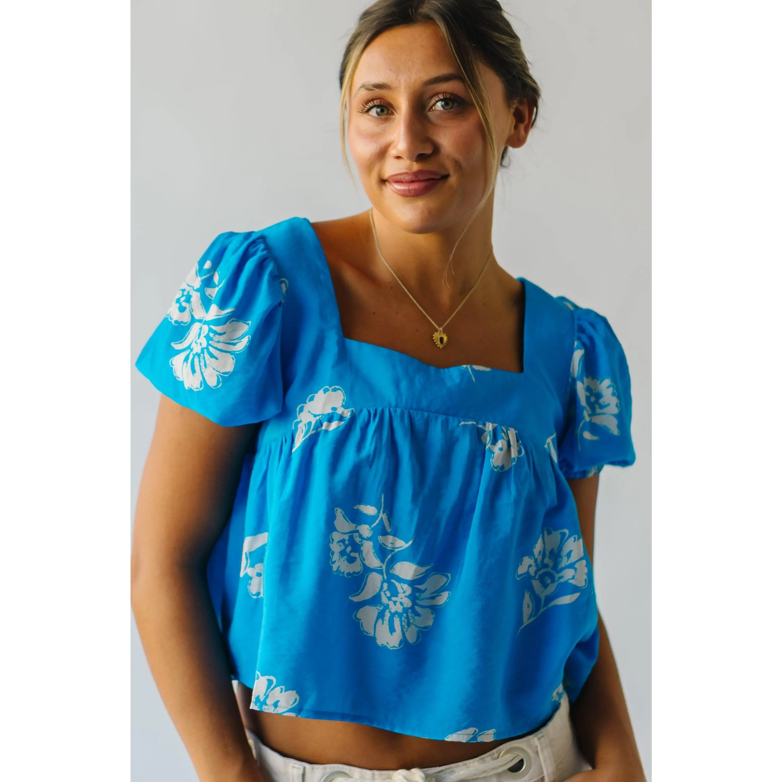 The Burdette Square Neck Puff Sleeve Blouse in Blue