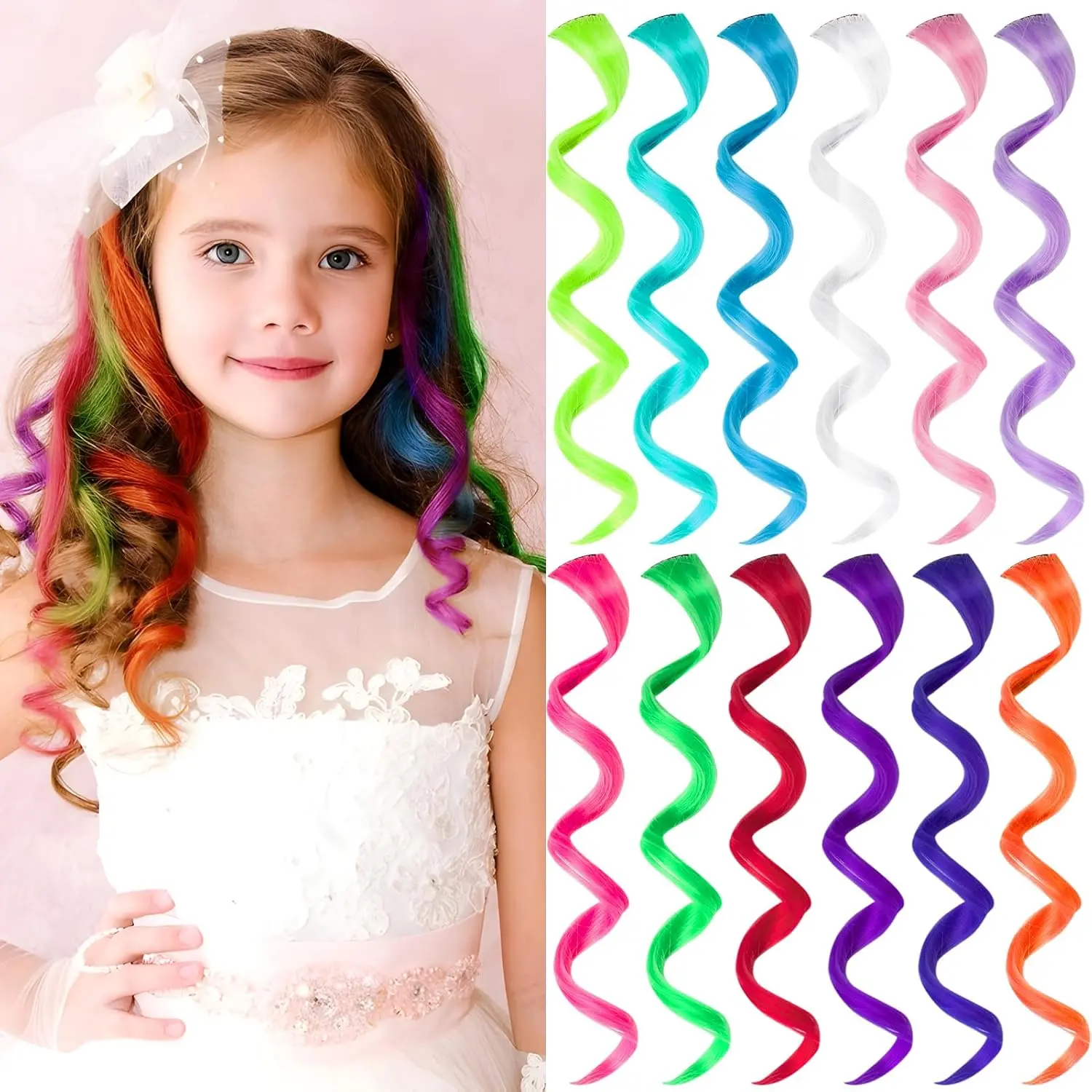 12 count Colored Hair Extensions for , Curly Wavy Synthetic Hairpieces Clip in Rainbow Neon Party Highlights, Colorful Hair Accessories for Girls Women 17 Inch (Multi-color Set)