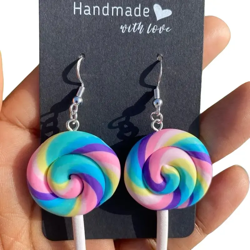 Swirl Lollipop Handmade Earrings - Lightweight Polymer Clay & Resin Hypoallergenic Hooks Fun Fashion Accessory for Candy Lovers