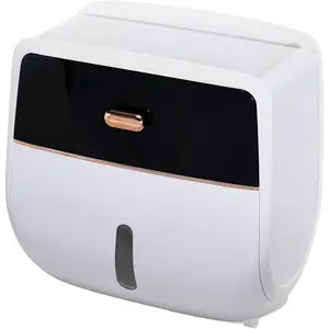 Toilet Paper Holder Wall Mount, Self Adhesive Paper Towels Holder with Drawer and Shelf Watertight Tissue Dispenser Semi-Auto Switch Toilet Tissue Roll Holders for Bathroom(Black): Tools & Home Improvement