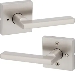 Kwikset Halifax Interior Privacy Door Handle with Lock, Door Lever For Bathroom and Bedroom, Satin Nil Reversible Keyless Push Button Lock Door Lever, with Microban Protection