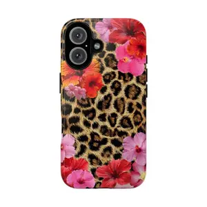 Wild Safari Jungle Floral Animal Pattern Leopard Print Pink Hibiscus Art Tough Phone Case. Chic Tropical Summer Aesthetic Rugged Shockproof Protective Cover For iPhone 17 Pro Max 16 Air 15 14 13 12 11.