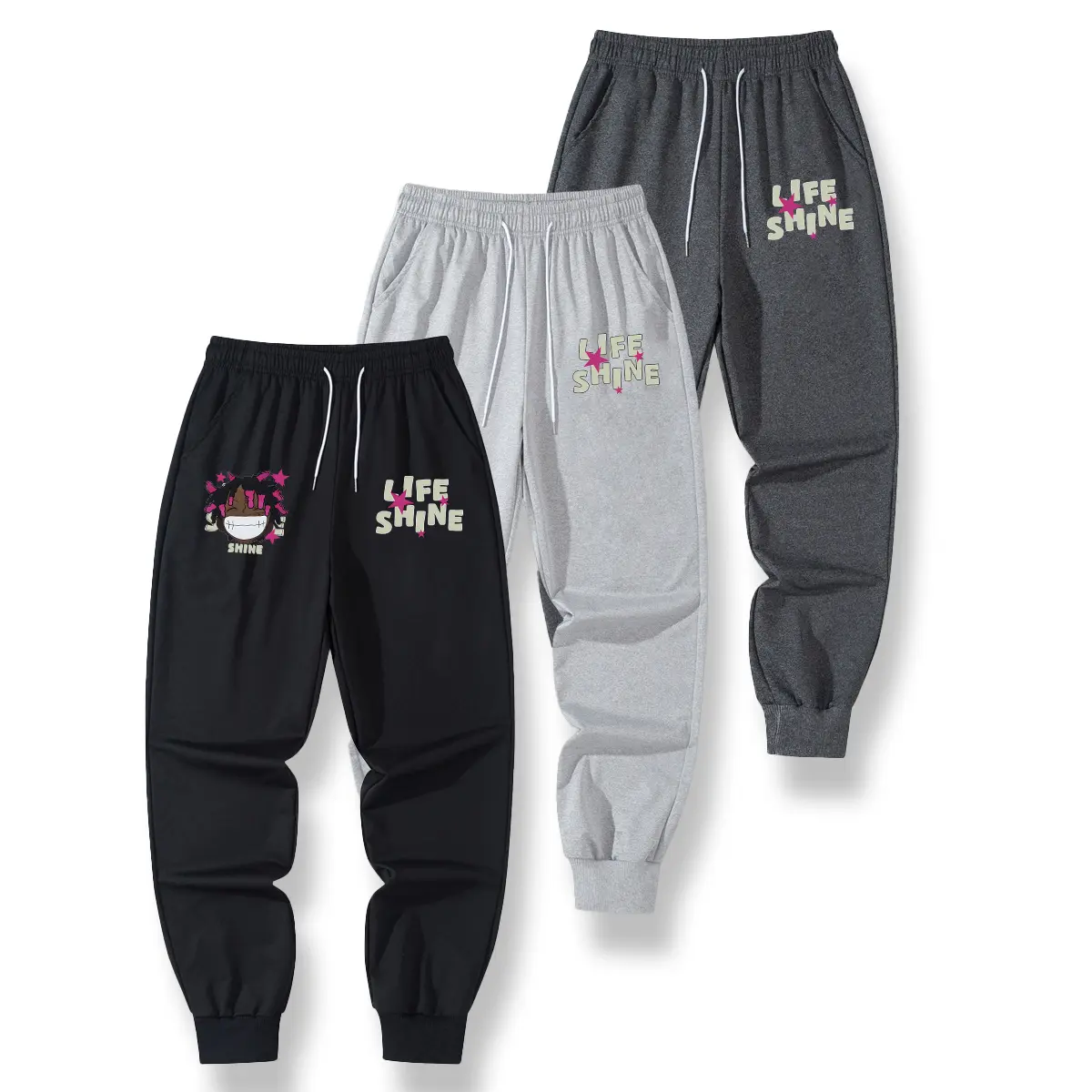 Men's Casual Minimalist Graphic Sweatpants with Smiley Face & Lettering, Cuffed Ankle Length Pants for Athleisure Sportswear, Casual Minimalist Trousers, Athletic Wear, Graphic Print, All Seasons, Chic, Bold Happy Face Graphic