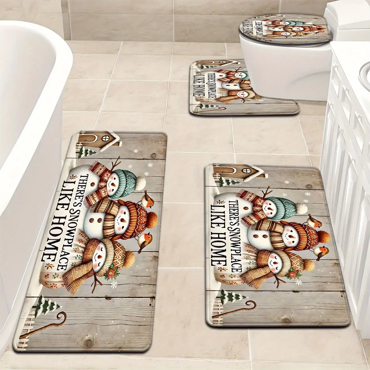 3pcs/4pcs Wood Grain Cute Snowman Letter Pattern Bathroom Mat Set, Toilet Lid Cover and Rug, U-Shaped Bath Mats