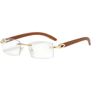 Luxury Rimless Square Glasses – Gold Frame & Brown Arms, Clear Lens Eyewear for Men & Women | High-End Fashion Reading & Style Glasses | Lightweight, Comfortable & Durable