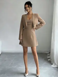 Two-piece women's khaki v-neck camisole dress with a short coat top set, suitable for spring and autumn, suitable for commuting, dating and gatherings.