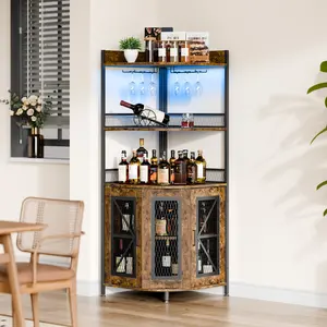 Industrial Corner Bar Cabinet with Power Outlet & LED Strip – 5-Tier Tall Wine Liquor Storage, Adjustable Shelves, Lighting Corner Display Unit for Home Small Space