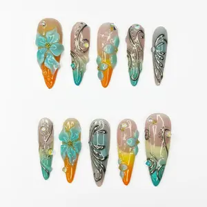 3D Flower Press On Nails | Luxury Teal Orange Stiletto Fake Nails | Handmade Gel Glue On Nails for Summer Wedding Party