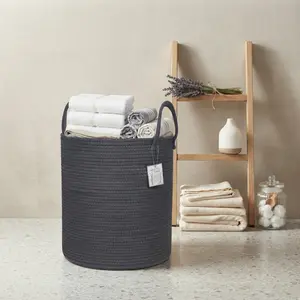 Tall Woven Storage Basket—Large Dark Gray Cotton Rope Basket for Storing Clothes, Blankets, and Toys—Ideal for Minimalist Home Organization and Bedroom Storage