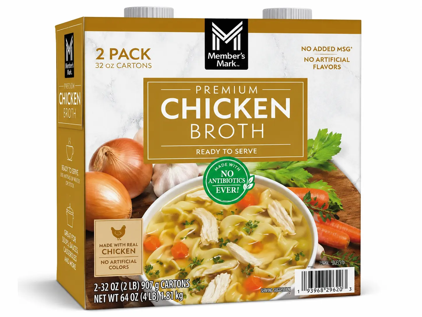Member's Mark Premium Chicken Broth, Ready-to-Serve, 32 oz Cartons, 2 Pack, Rich Savory Broth, No Artificial Flavors, Pantry Essential for Soups, Stews & Cooking