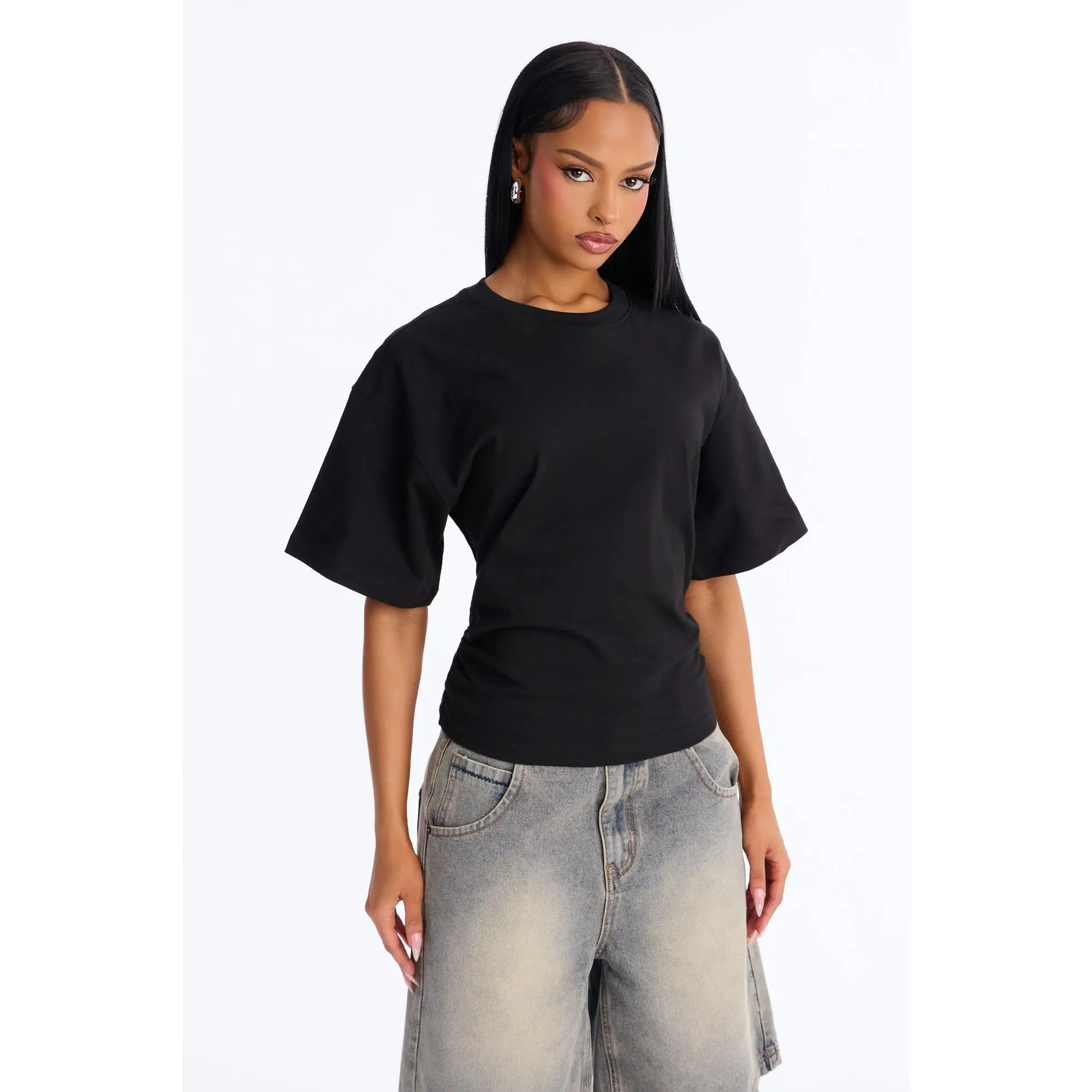 Nora Crew Neck Ruched Short Sleeve T-Shirt - Black