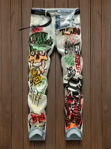 Men's Street Fashion Versatile Casual Print Straight Leg Graphic Jeans, New Vintage Style Denim Jeans, Slim-Fitting All Seasons