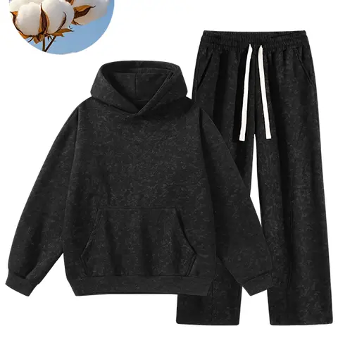 Men’s snowflake tie-dye dark-pattern hooded sweatshirt set with drop-shoulder hoodie and wide-leg sweatpants, distressed washed athletic two-piece set