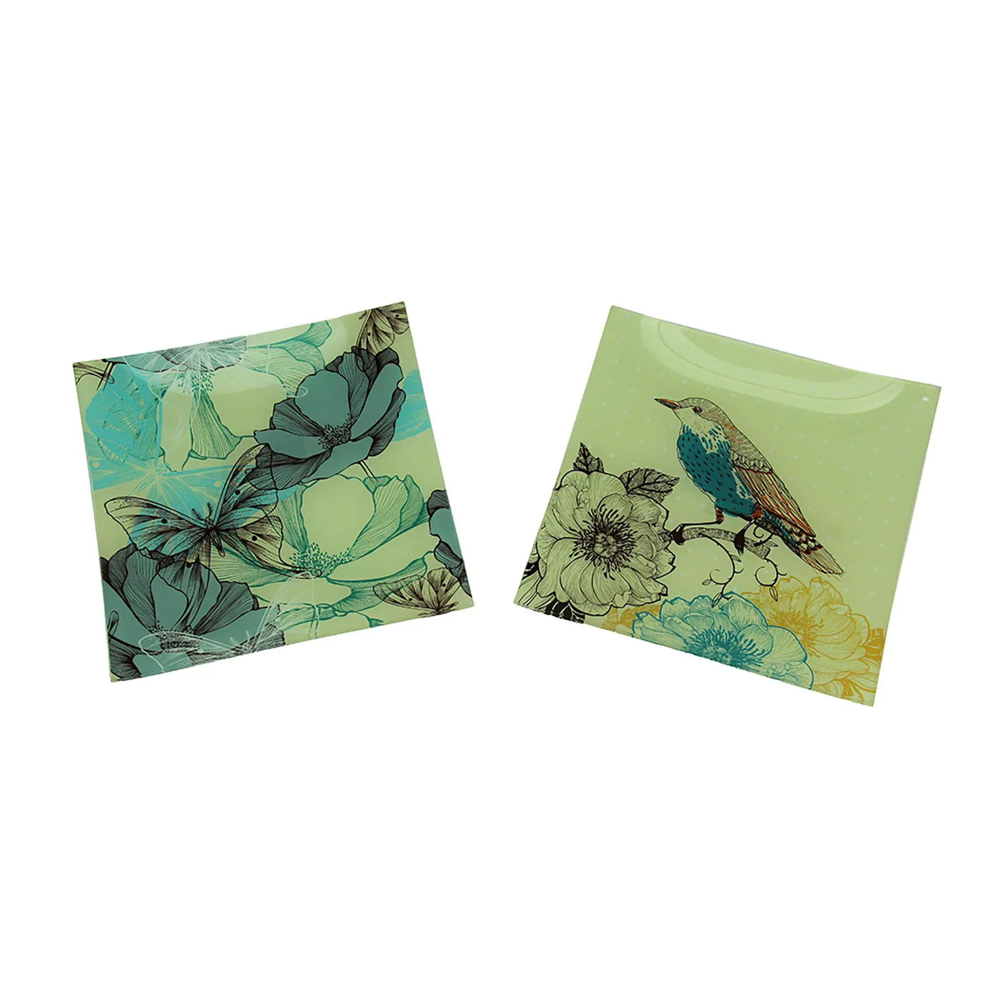 Set of 2 Nature's Poetry Painted Bird and Butterfly Square Glass Plates 7.75 Inches
