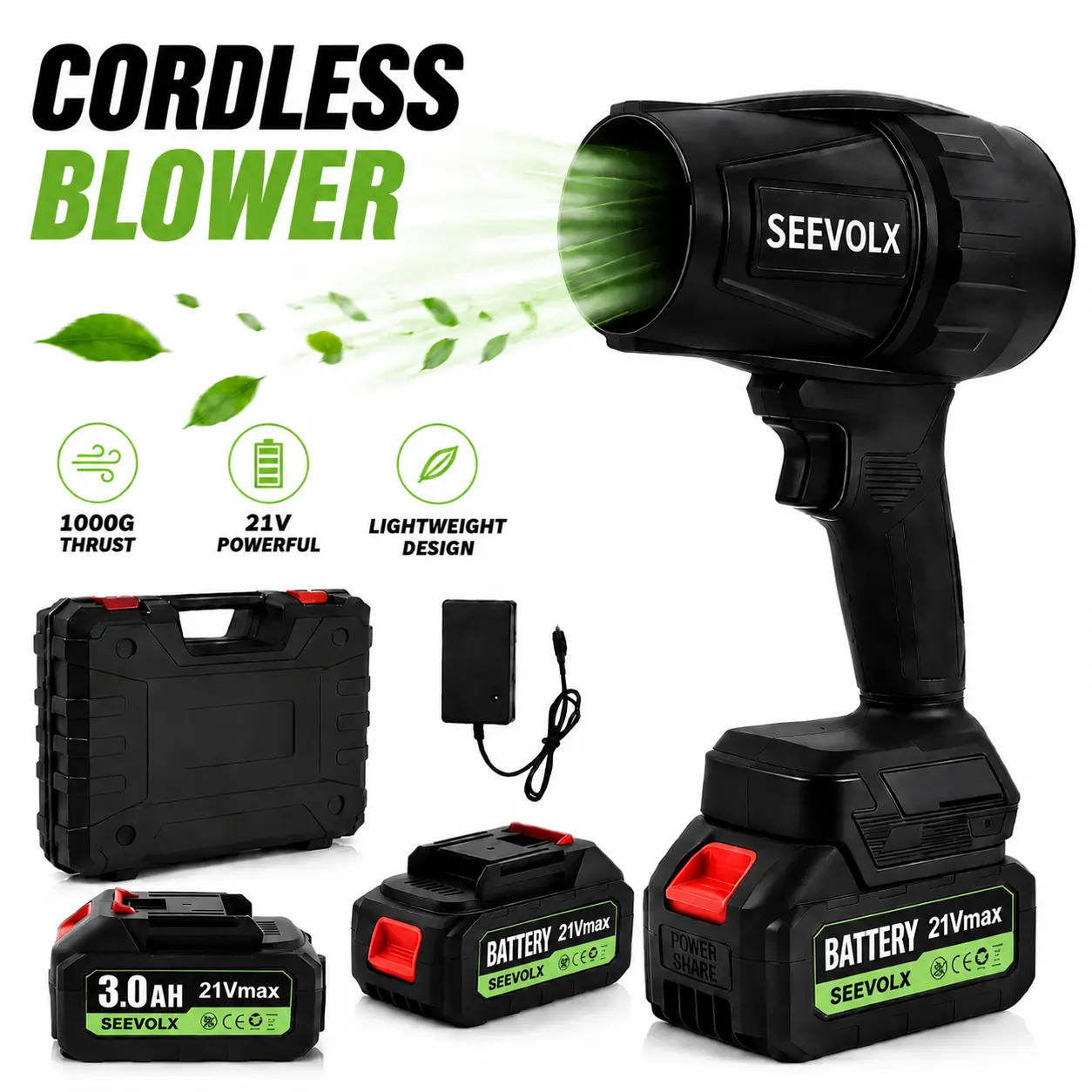 SEEVOLX 21V Cordless Brushless Hair Dryer, equipped with 2 x 3000mAh batteries, suitable for car drying and leaf cleaning.