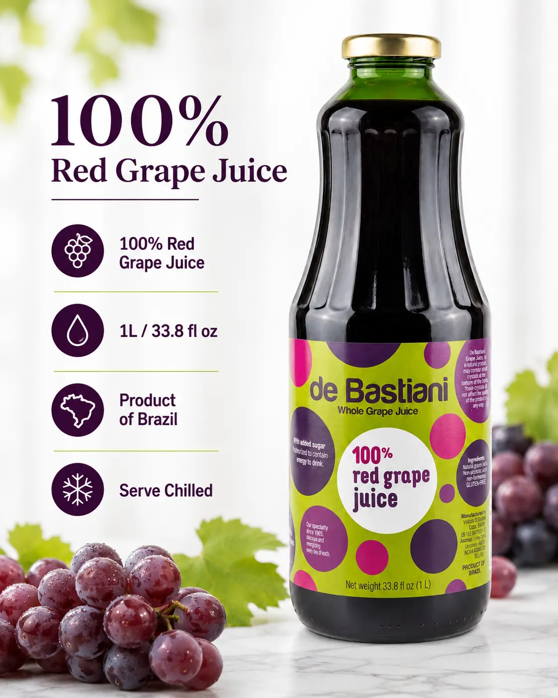 De Bastiani Whole Grape Juice 33.8 oz (1L) - 100% red grape juice from Brazil, No added sugar, no preservatives, Non alcoholic, non fermented, gluten free, Natural grape juice, Ready to drink. Product of Brazil, Beverage Fruit