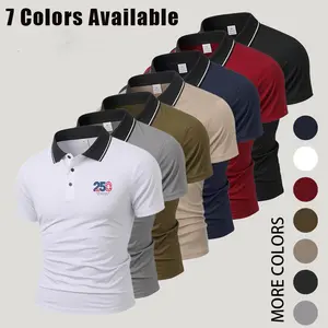 Men’s pique polo shirt with contrast stripes, collar, numeral/letter chest decal, slim fit, short sleeves, breathable fabric—urban smart casual collared top