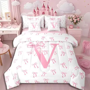 7 Piece Kids Cute Princess Bedding Set,Pink Ribbon Bowknot Comforter Set for Kids Women Watercolor Bow Monogram V Bed in a Bag Aesthetic Butterfly Knot Quilt with Flat Fitted Sheet