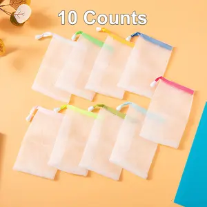10 Counts Exfoliating Mesh Soap Saver Pouch Bag Sack, White Face Cleansing Foaming Nets with Drawstring Color Random