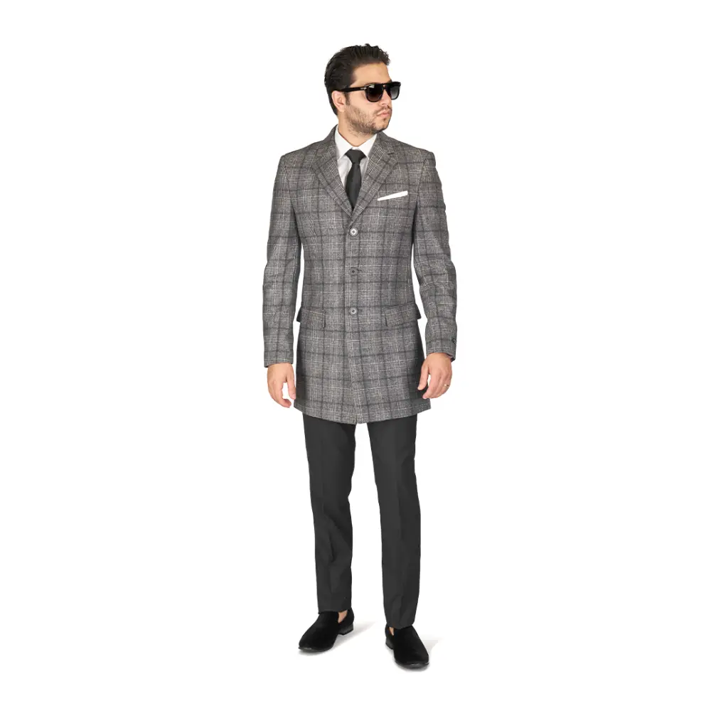 Slim Fit Wool Overcoat Plaid Grey 3 Button Closure Classic Notched Lapel Top Trench Long Walker Pea Coat Single Breast