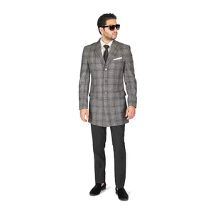 Slim Fit Wool Overcoat Plaid Grey 3 Button Closure Classic Notched Lapel Top Trench Long Walker Pea Coat Single Breast