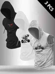 Men's 3-Piece Set Letter Print Hooded Sleeveless T-Shirt, Casual Comfortable Summer Outdoor Fitness Wear, Athleisure Wear Set, Fitted Polyester Fabric, Activewear, Gym Casual Wear, Gym Athletic Clothes