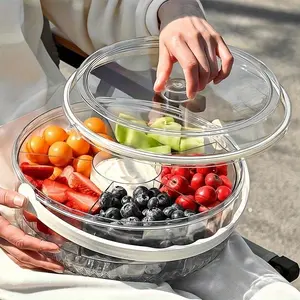 Transparent Dual-Layer Fruit Tray with Lid and Handle, Rotating Fruit Platter for Parties, Picnics, Takeout, Portable Food Container