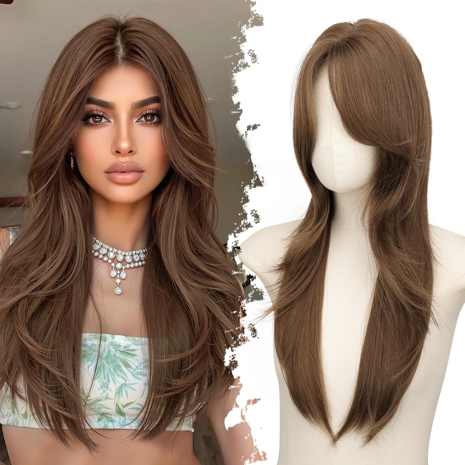 [AISI HAIR] Women's 22-Inch Long Medium Brown Layercut Synthetic Fiber Wig, 2x4 Realistic Scalp, Free Parting, Heat Resistant, for Daily & Party Use, Layercut Wig