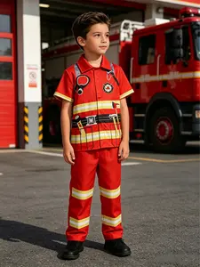Firefighter Uniform for Boys, Base with Reflective Stripes, Tool Print, Ideal for Career Experience, Cosplay, Stage Performance