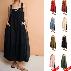 Yeokou Women's Barrel Midi Dress Sleeveless Strappy Maxi Dress with Big Pockets & Adjustable Straps Minimalist Basic Casual Fall Dress