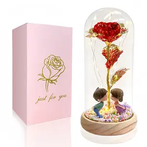 Valentine's Day Artificial Gold-Plated Rose with Creative Wooden Base and Glass Dome Featuring Couple Figurines, Multicolored Foam Balls, AA Battery Powered, Gift Box Packaging Ideal for Valentine's Day Gifts, Romantic Night Light for Bedroom Decor