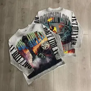 Roughplay American Cotton Retro Style Long Sleeve T-Shirt | Men Women Vintage Graphic Print Rockabilly Washed Out Vintage Design Tee