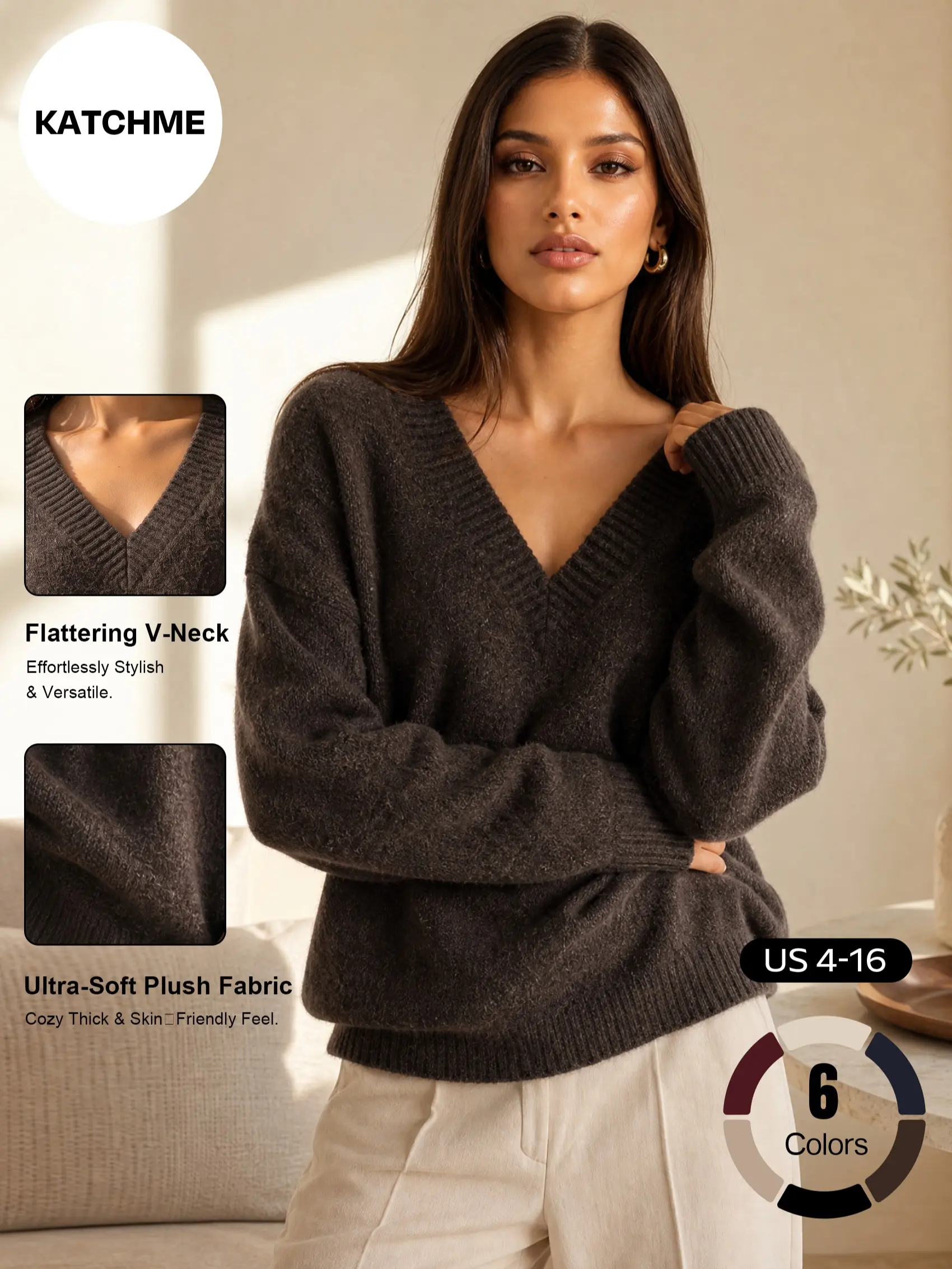 Katch Me Chic Women's V Neck Loose Knit Sweater, Soft Fuzzy Skin-Friendly Long Sleeve Pullover, Cozy Pill-Resistant Light Warmth Daily Outfit Fall & Winter #TikTokMadeMeBuyIt #SohoChic #ComfyOutfit