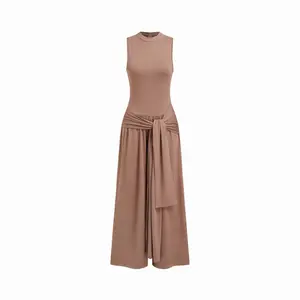 Cider Women's High Neck, Tie Waist, Draped Wide Leg Jumpsuit