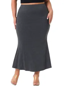 Agnes Orinda Plus Size Skirt Women's Pack Mermaid High Waist Knit Bodycon Long Skirts Gray