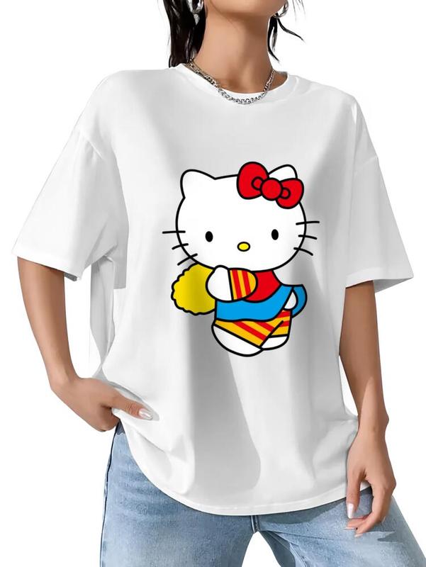 SHANRIO Cheerleading Hello Kitty Unisex Tee - Red T-Shirt with Hello Kitty Graphic Design for Unisex Wear Featuring a Colorful Bow and Striped Outfit
