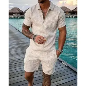 2025 Men's Polo Suit Fashion Men Sets Solid Summer V-neck Zipper Short Sleeve POLO Shirt+Shorts Two Pieces Men Casual Suit