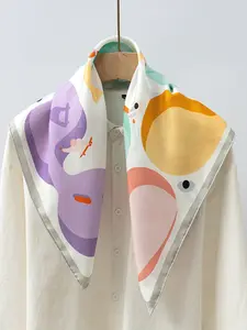 100% Mulberry Silk Scarf, Vibrant Cartoon Pattern, High-End Twill Square Towel, Real Silk Shawl, Fashion Accessory