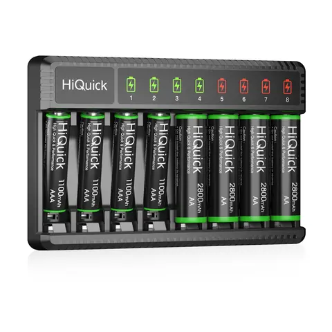 8-Slot Ni-MH Rechargeable Batteries Charger Combo, Fast Charging Kit with 8 1100mAh AA/AAA Cells - 2H Charge, Independent Slots, 1200 Cycles, Low Self-Discharge, Micro USB, Overheat Protection, LED Display, for Digital Cameras, Toys, Remote Controls