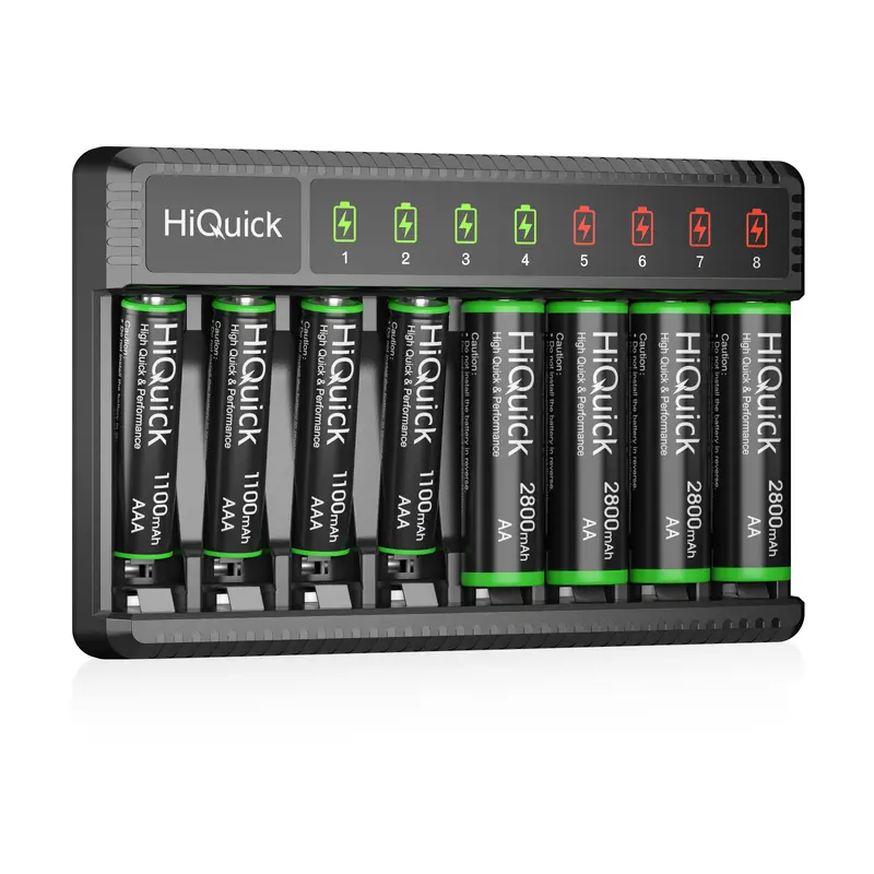 8-Slot Ni-MH Rechargeable Batteries Charger Combo, Fast Charging Kit with 8 1100mAh AA/AAA Cells - 2H Charge, Independent Slots, 1200 Cycles, Low Self-Discharge, Micro USB, Overheat Protection, LED Display, for Digital Cameras, Toys, Remote Controls