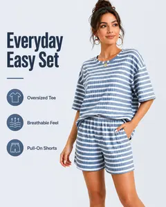 Women's 2 Piece Striped Lounge Set Oversized Ribbed Knit Short Sleeve T-Shirt and Shorts Sweatsuit Casual Outfit Clothes Top