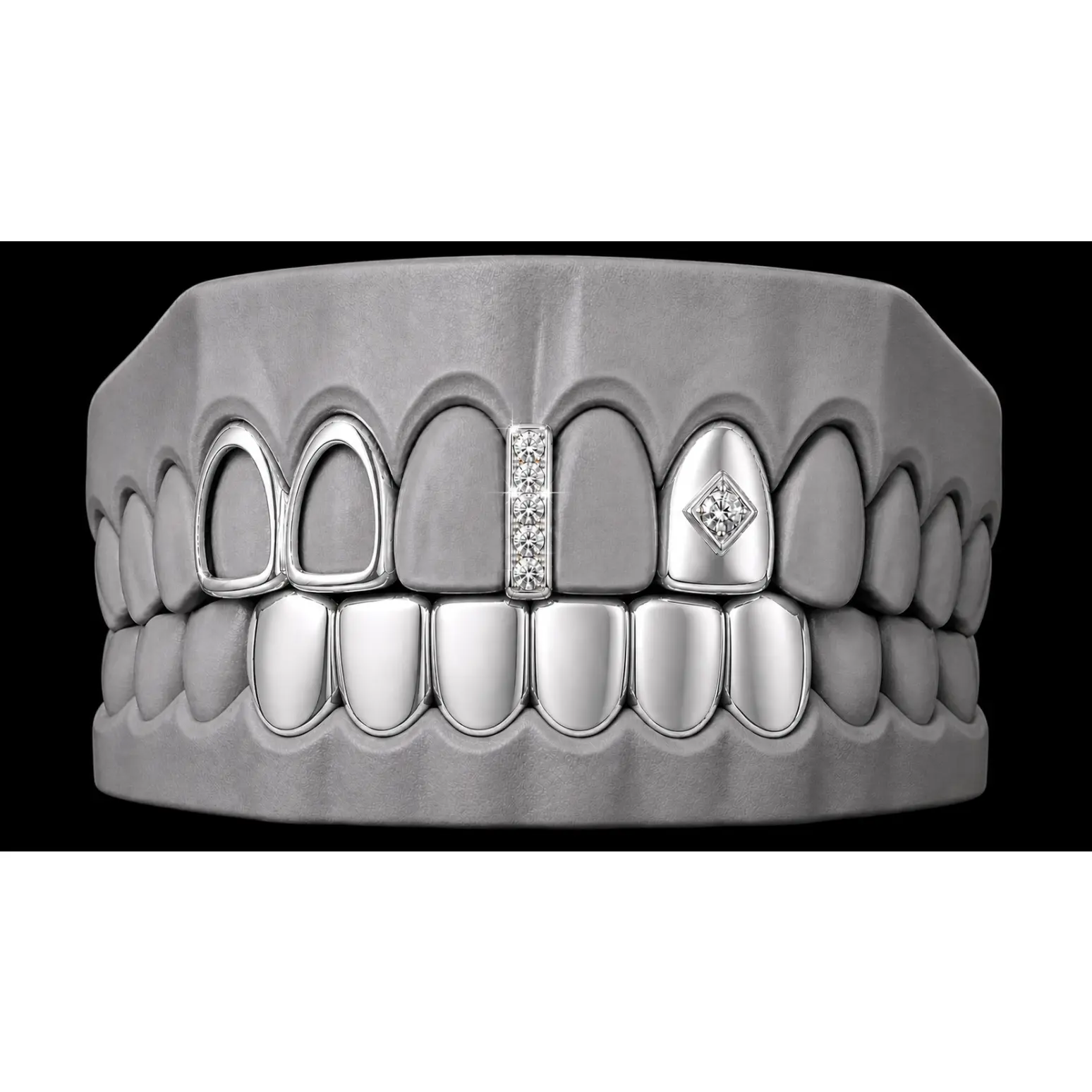 925 Silver Plated Open Double Tooth, Diamond Grillz Cap, Iced Gap & Lower 4pc Set