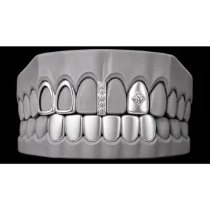 925 Silver Plated Open Double Tooth, Diamond Grillz Cap, Iced Gap & Lower 4pc Set
