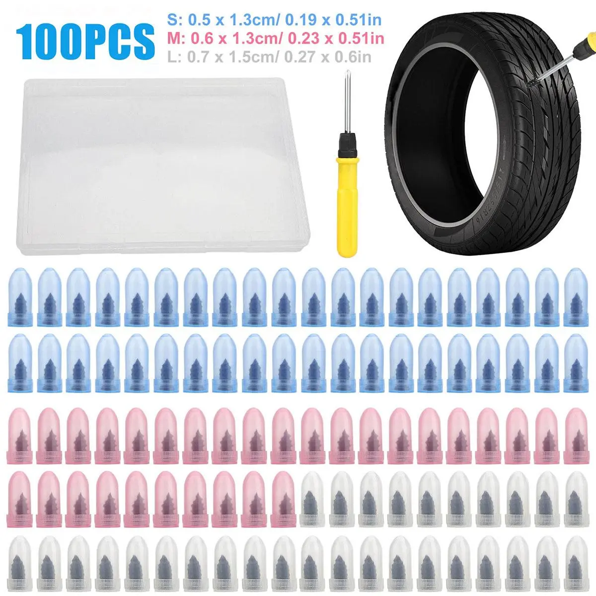 Tire Repair Screws with Screwdriver & Box Vacuum Tire Plug Kit Spiral Rubber Nail Tire Plugs Screw Type Fast Tool Self Screw in Tire Plugs for Car Truck Motorcycle Tire Puncture Repair