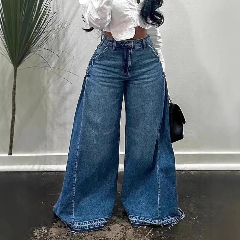 Women's Low-Waist Blue Washed Polyester-Spandex Wide Leg Jeans - Casual Celebrity-Inspired Spliced Flared Pants with Tassels, Mopping Hem, S-2XL Sizes