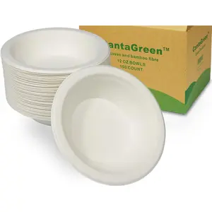 12 OZ Compostable Bowls,100 Count Heavyduty Sugarcane/Bagasse and Bamboo Fibre Biodegradable Disposable Paper Bowls