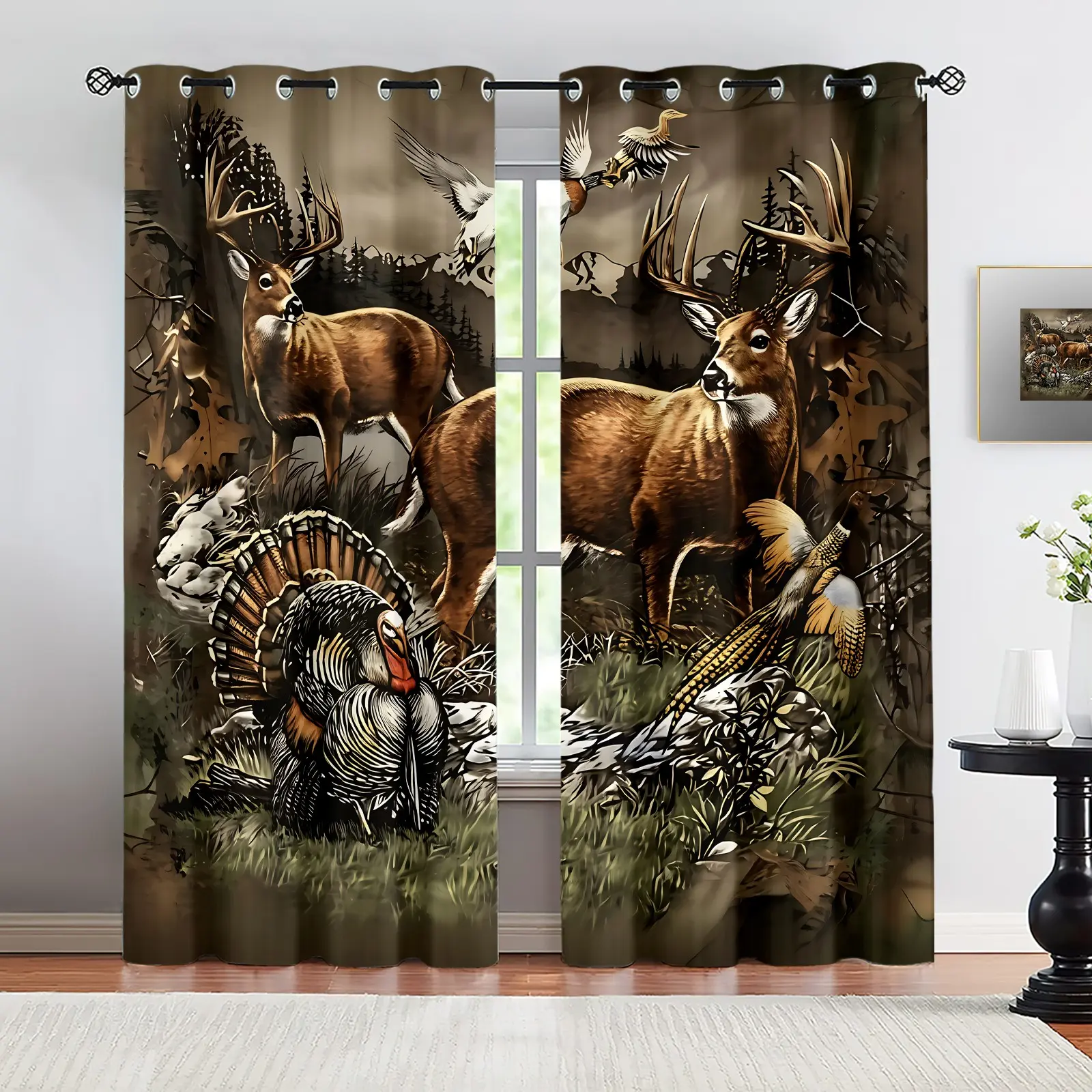 Rustic Cabin Hunting Curtains, Wildlife Deer Turkey Duck Print Curtains, Home Decoration Curtain, Camo Blackout Drapes for Bedroom Living Room, Farmhouse Hunting Lodge Decor Window Treatments